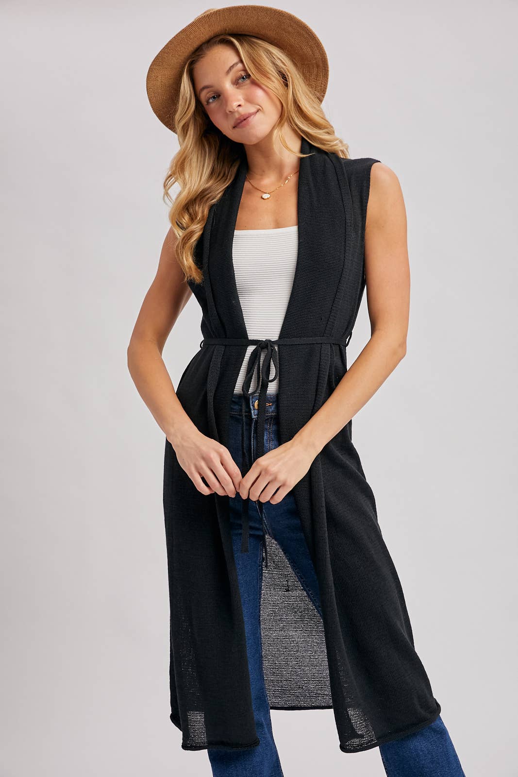 Sleeveless Belted Vest Cardigan