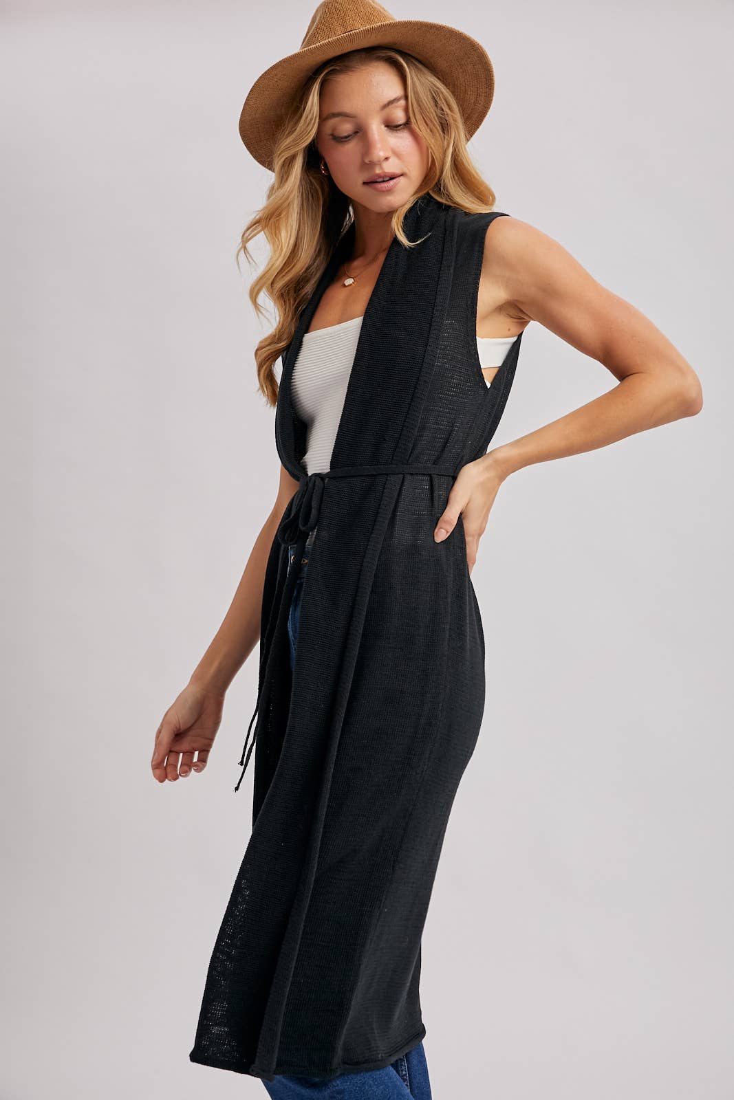 Sleeveless Belted Vest Cardigan