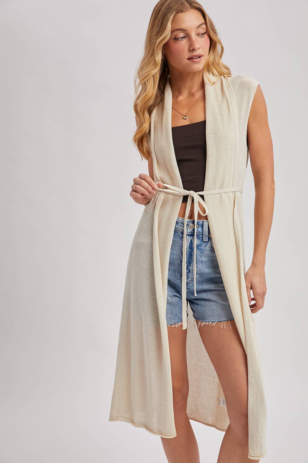 Sleeveless Belted Vest Cardigan