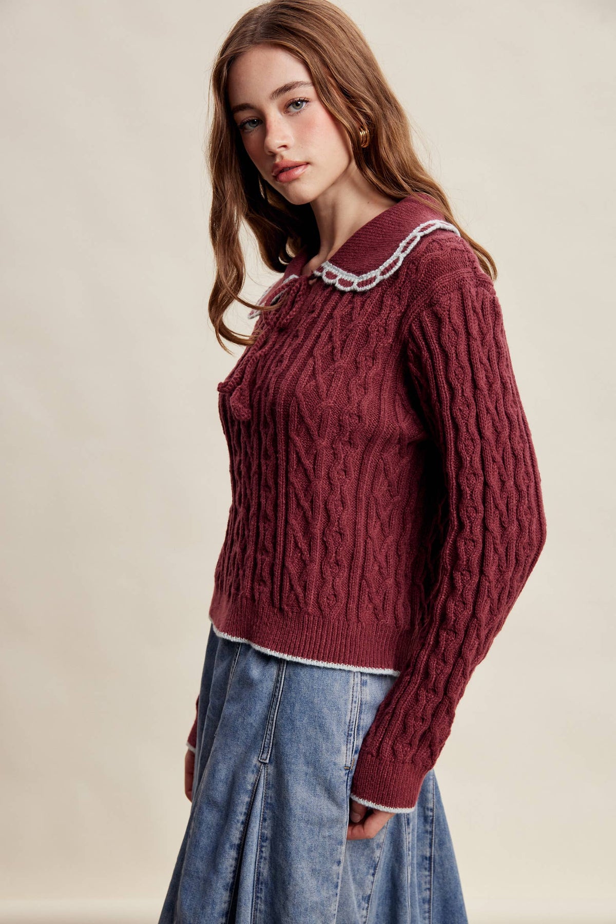 Scalloped Collar Cable Knit Sweater LSW1067