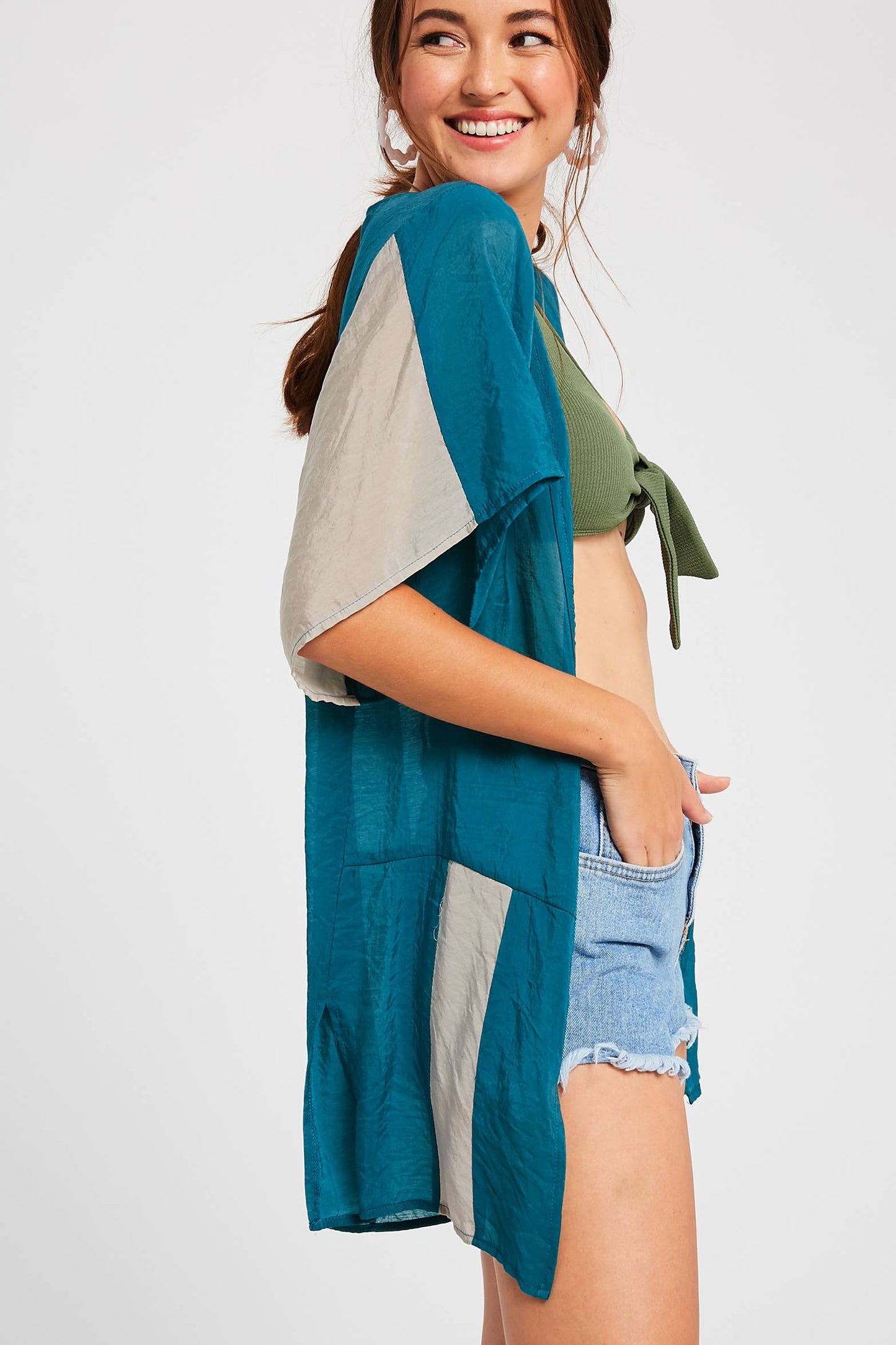 Semi Sheer Color Block Kimono Cardigan