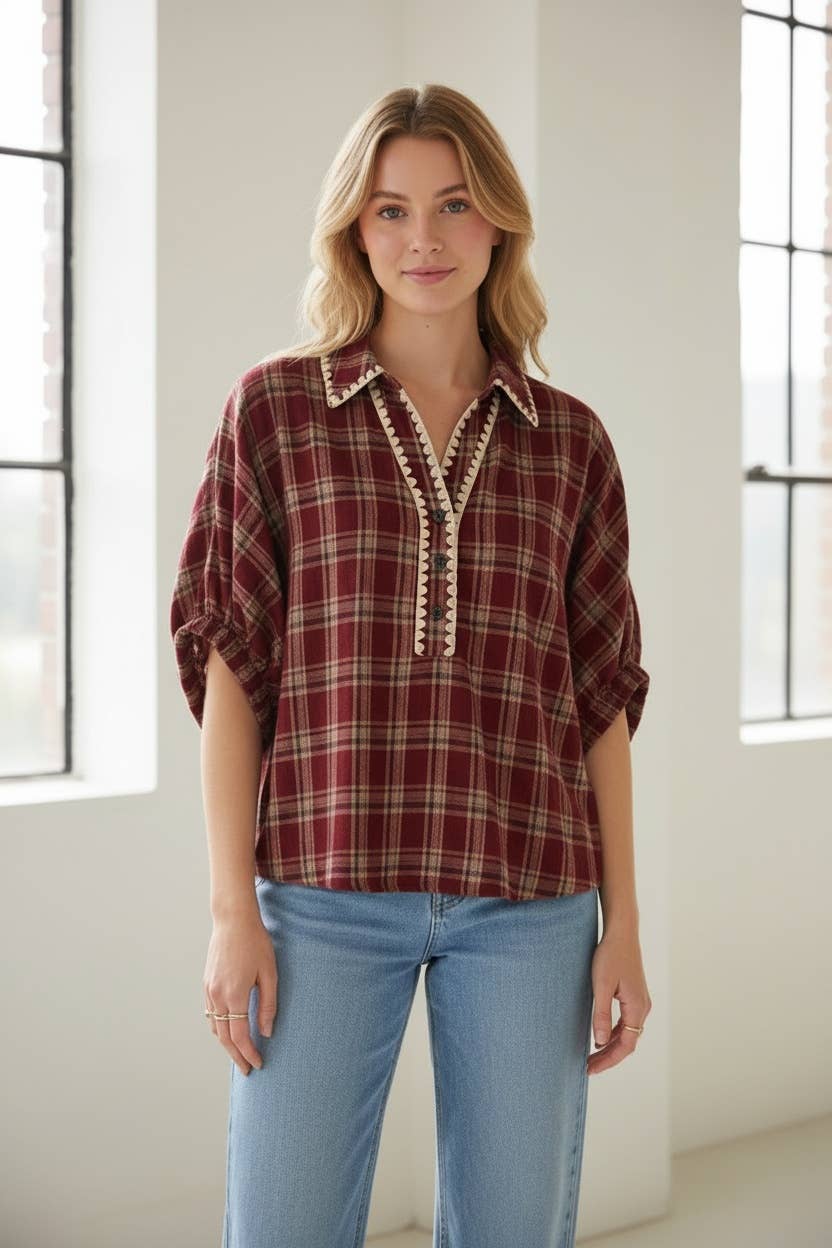 HT20121 Floral Puff Sleeve Split Neck Blouse