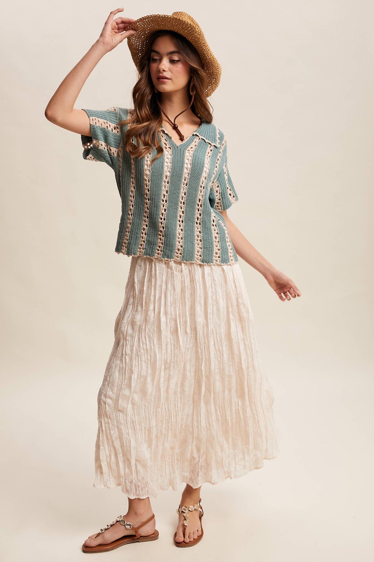 Crochet Stripe Knit Collar Top LSW1040