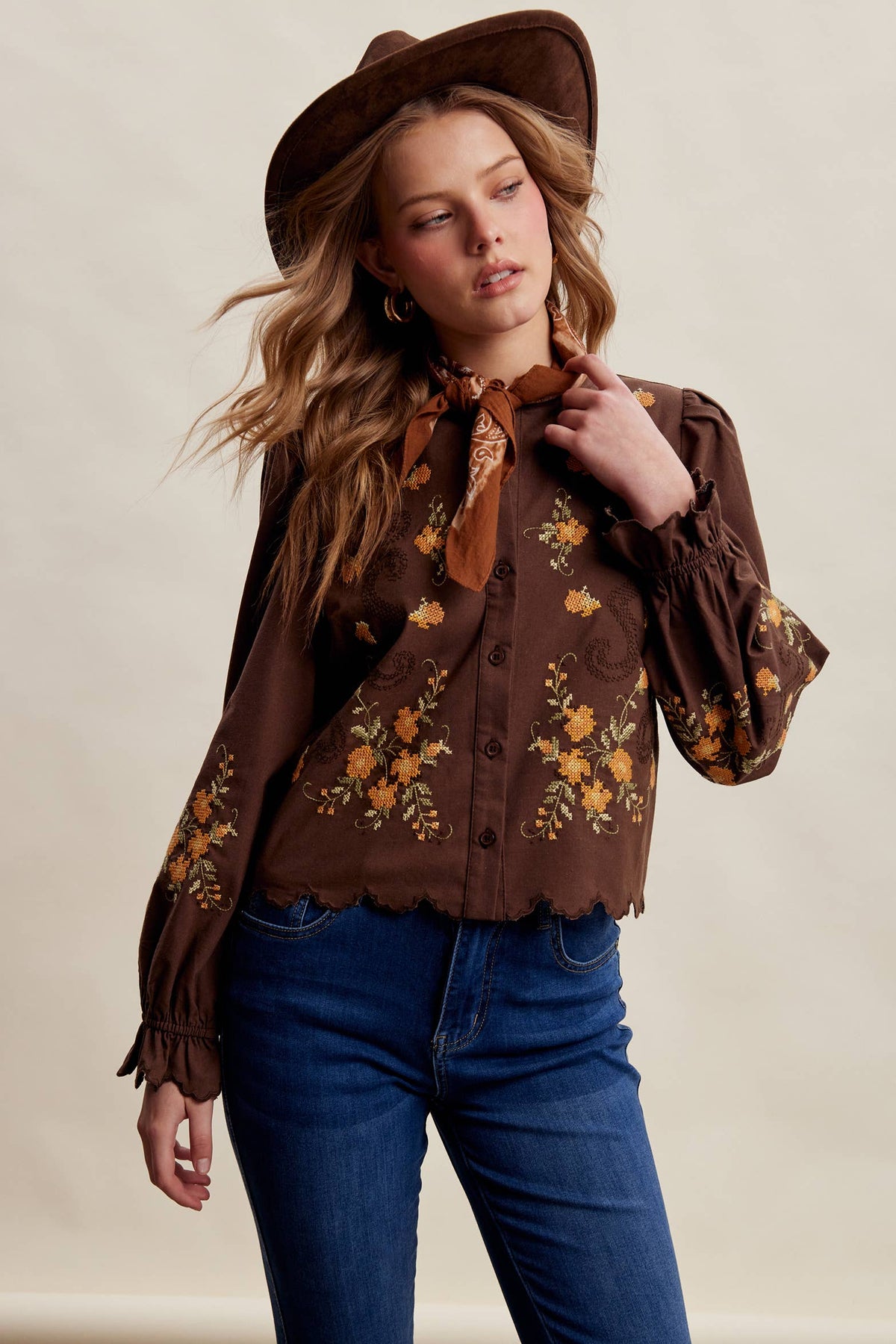 Embroidered Scallop Hem Cotton Blouse LT1482