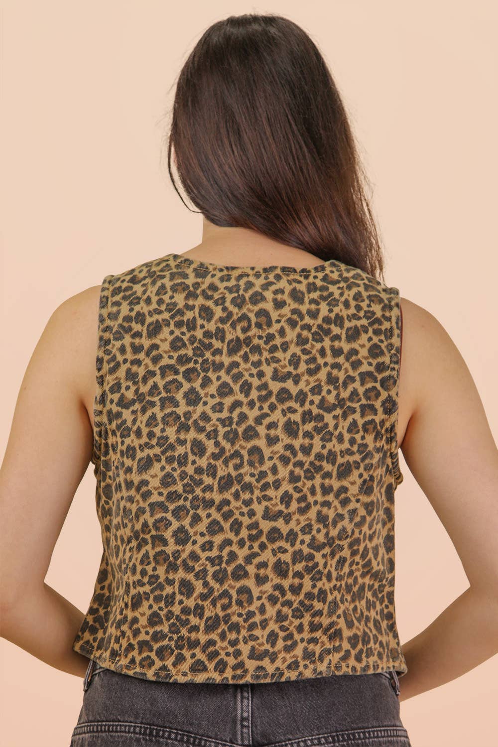 Leopard Denim Front Tie Vest