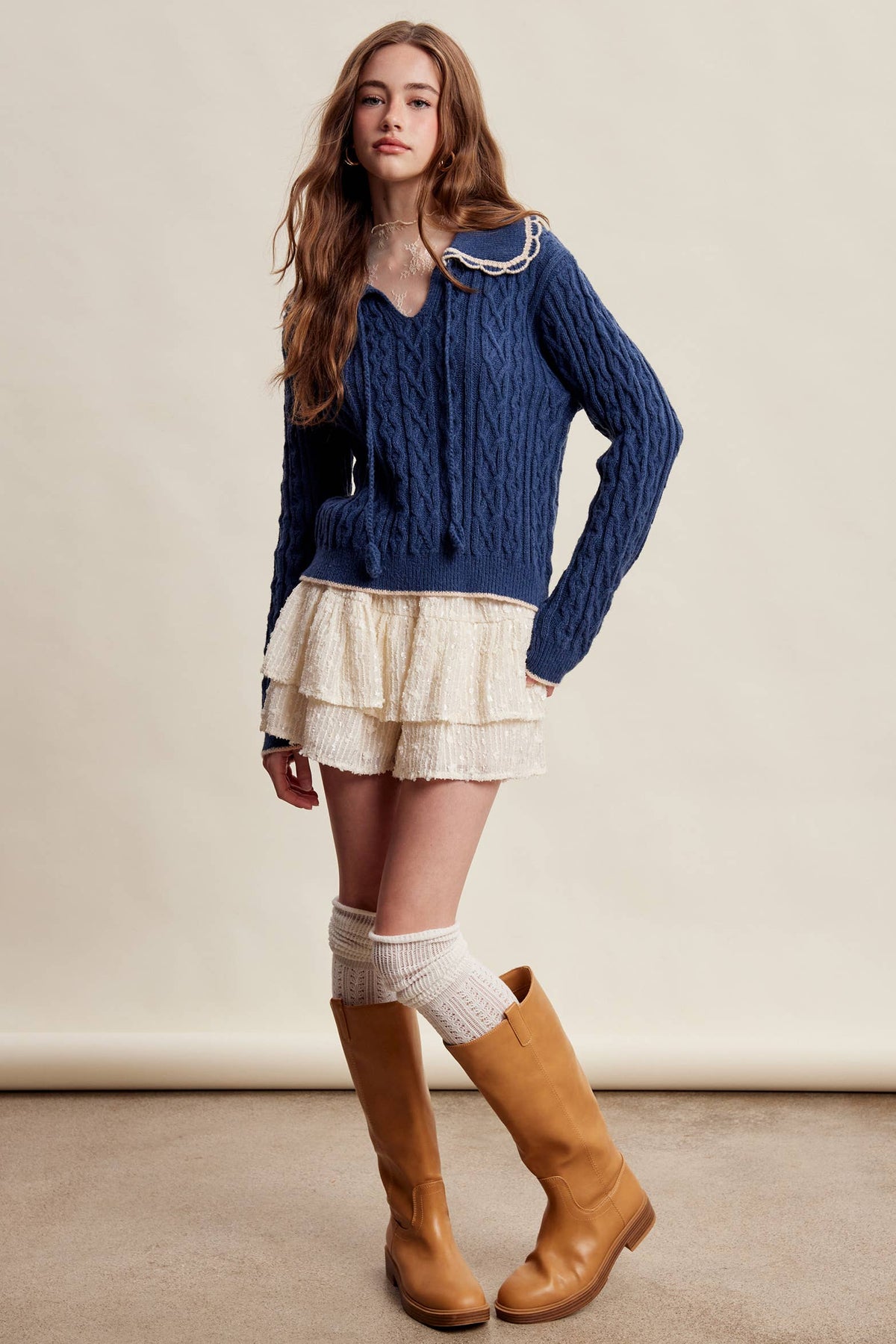 Scalloped Collar Cable Knit Sweater LSW1067