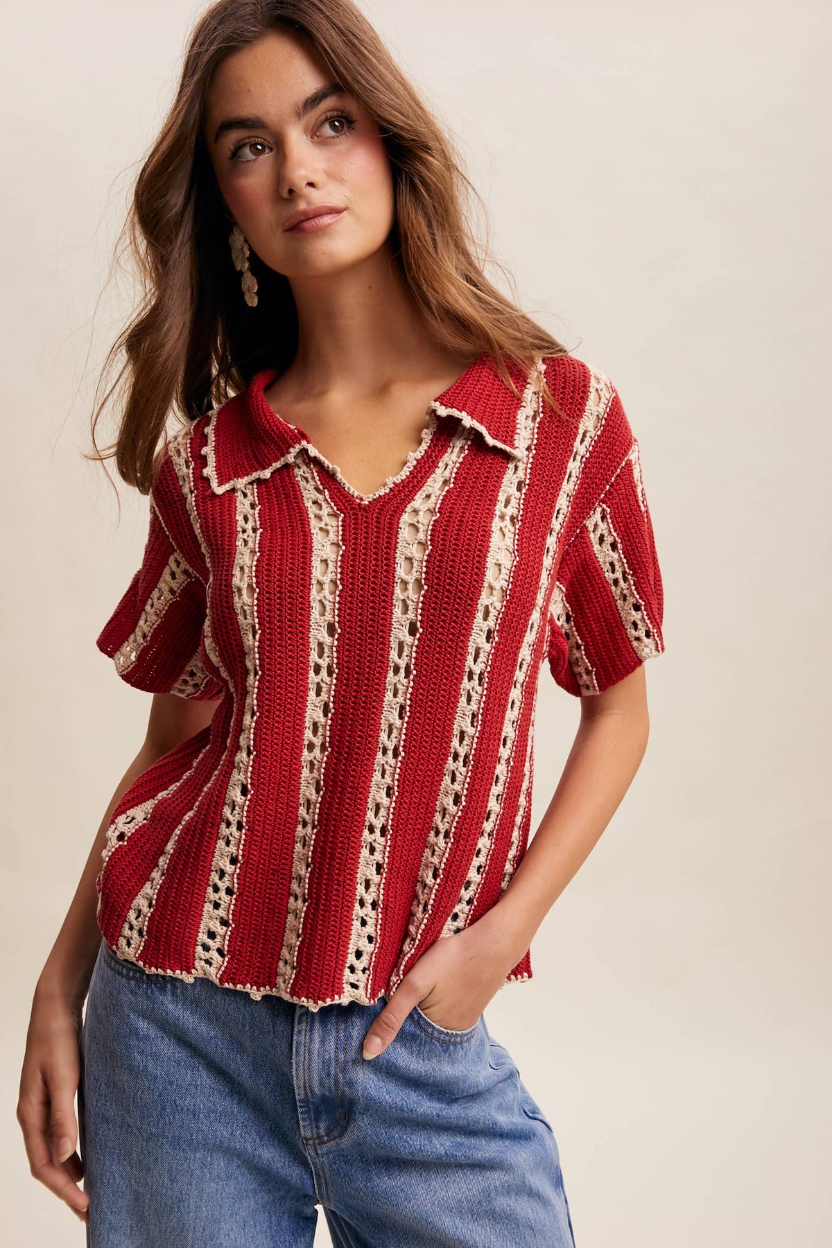 Crochet Stripe Knit Collar Top LSW1040