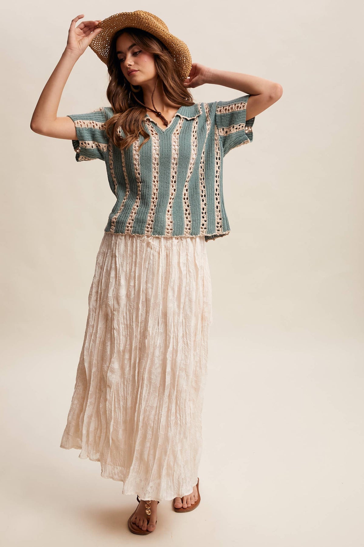 Crochet Stripe Knit Collar Top LSW1040