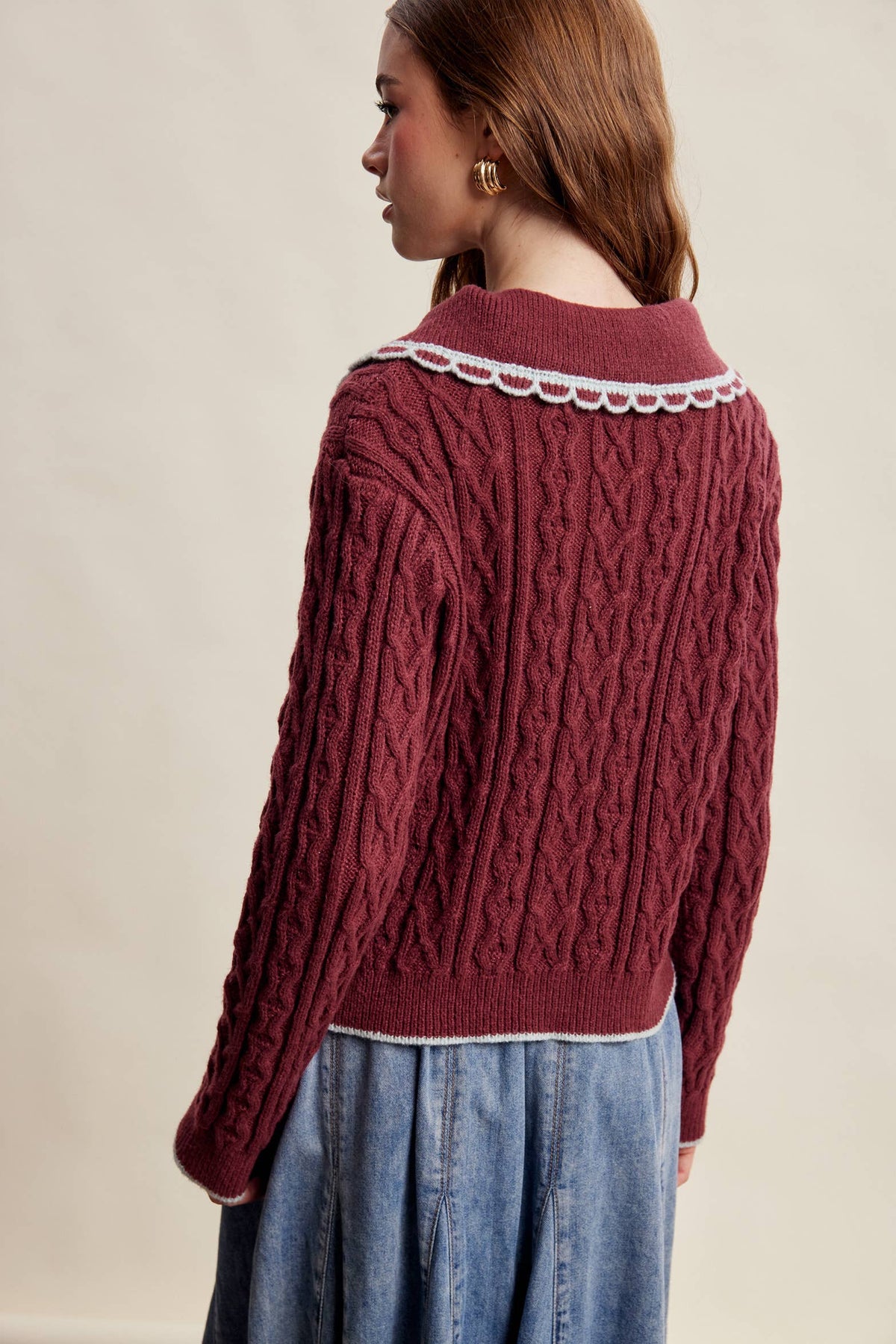 Scalloped Collar Cable Knit Sweater LSW1067