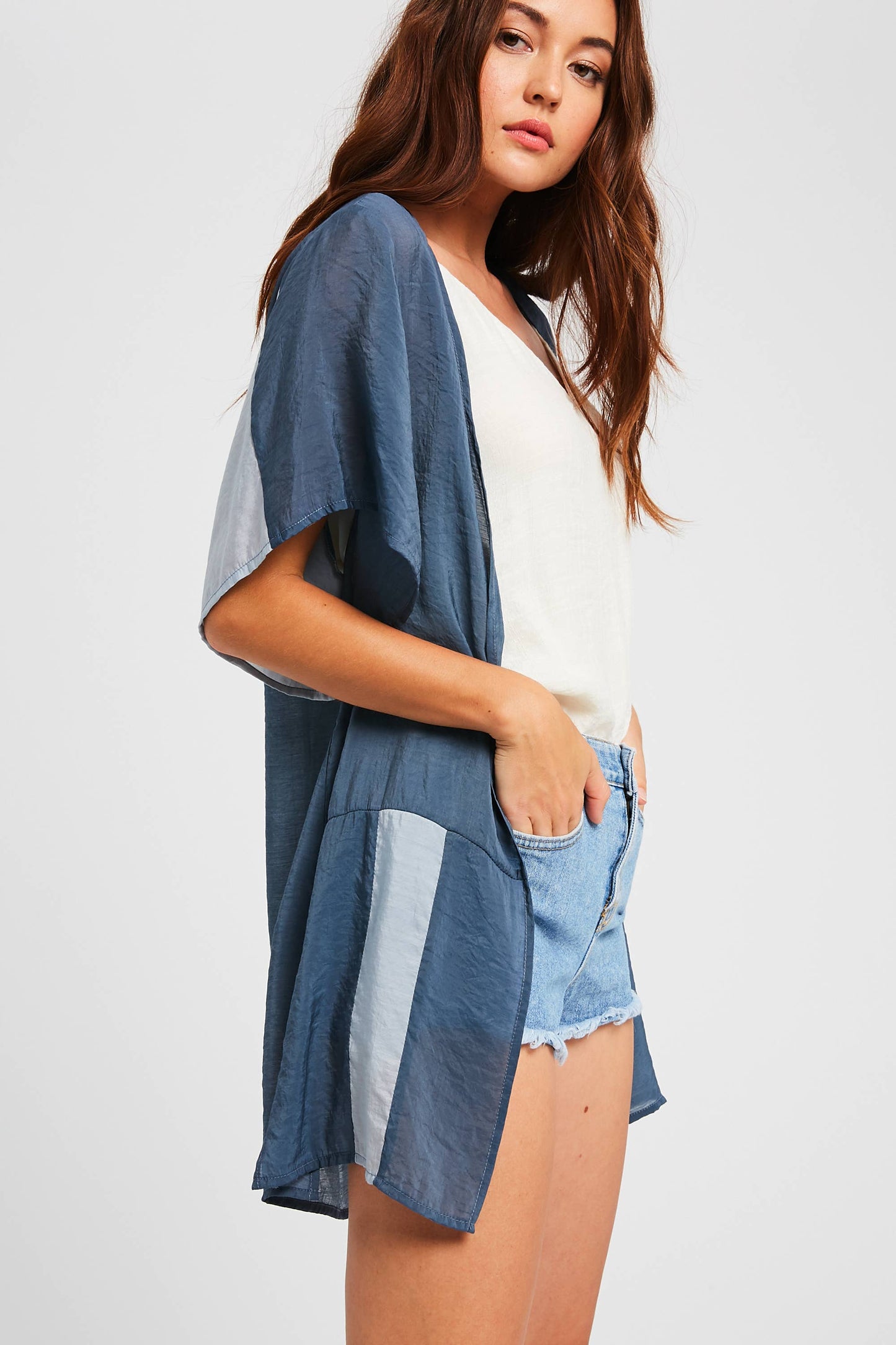 Semi Sheer Color Block Kimono Cardigan