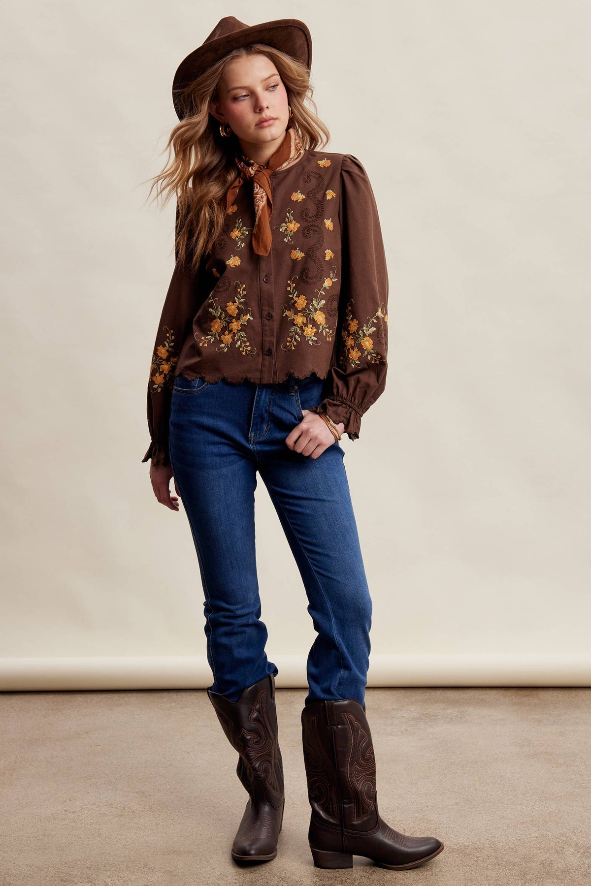 Embroidered Scallop Hem Cotton Blouse LT1482