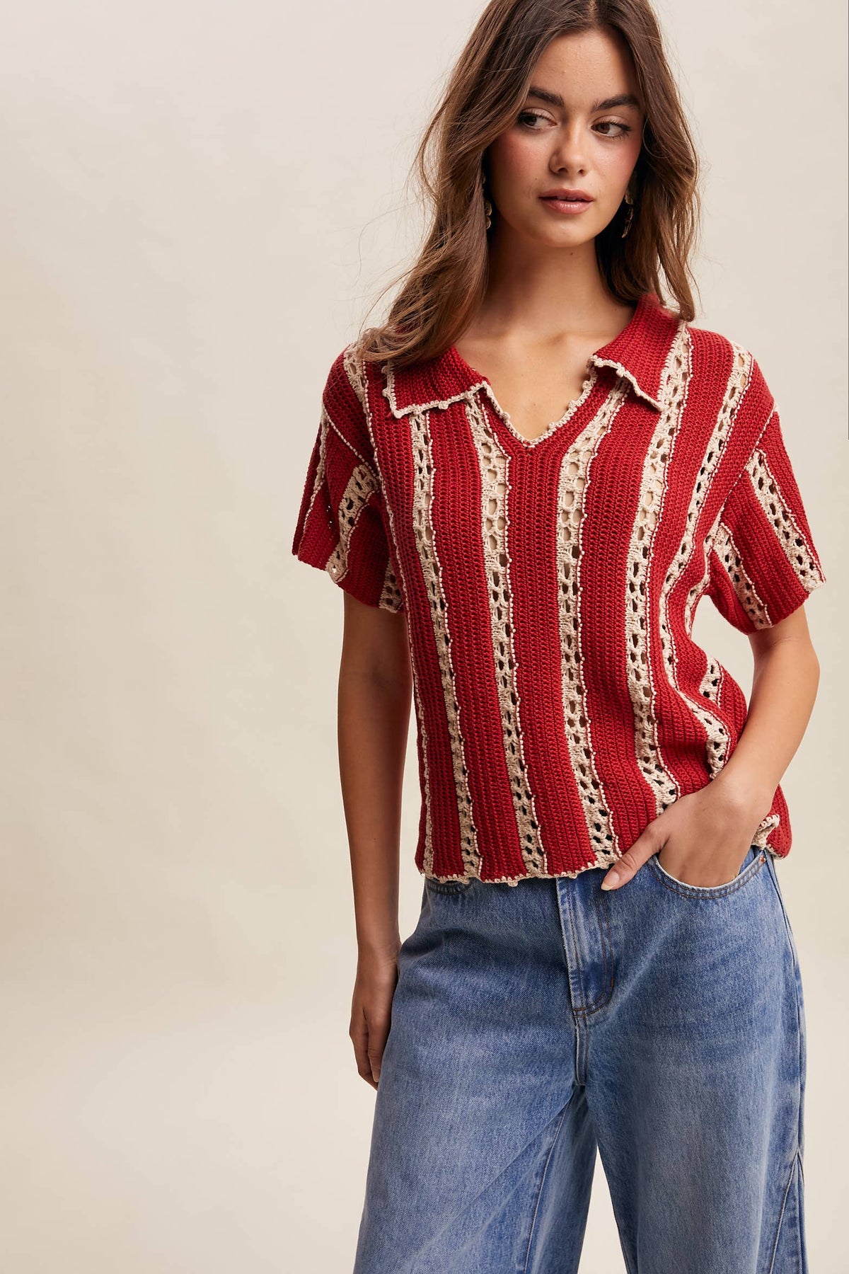 Crochet Stripe Knit Collar Top LSW1040
