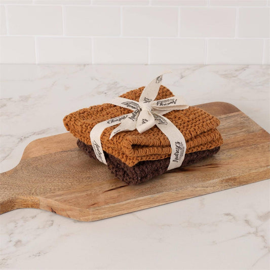 Knitted Dish Cloth Set - Ocher And Brown