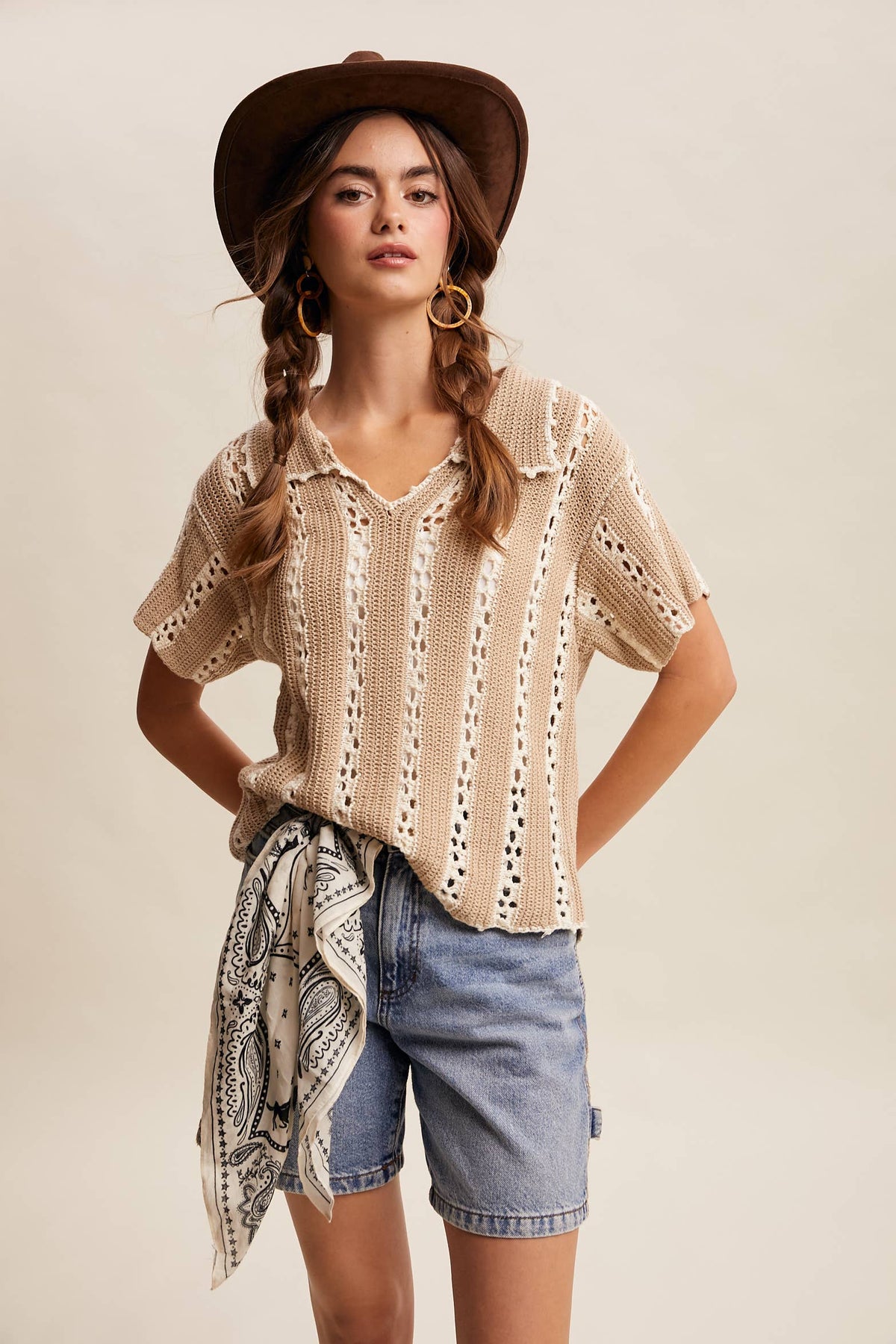 Crochet Stripe Knit Collar Top LSW1040