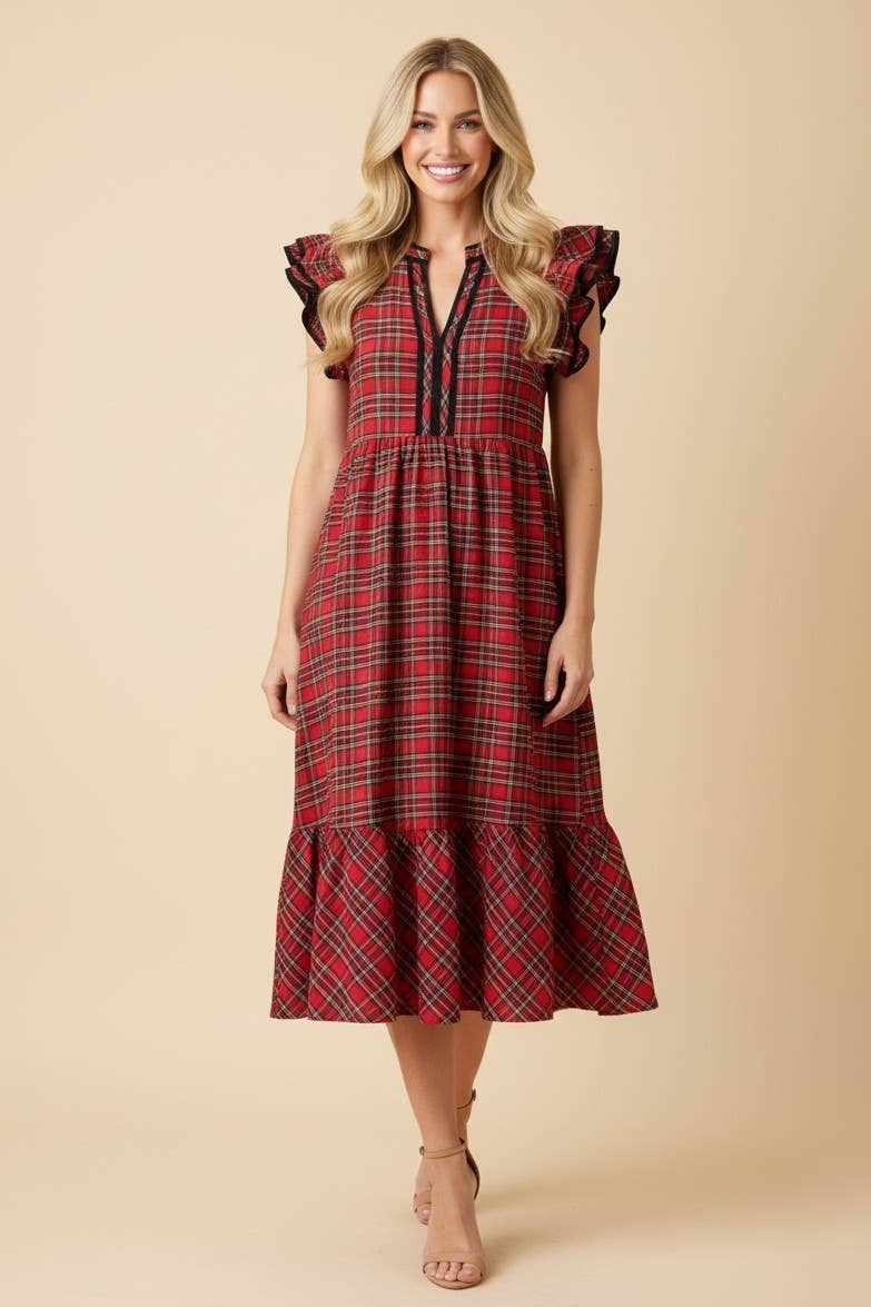 Plaid Ruffle Sleeve Tiered Midi Dress