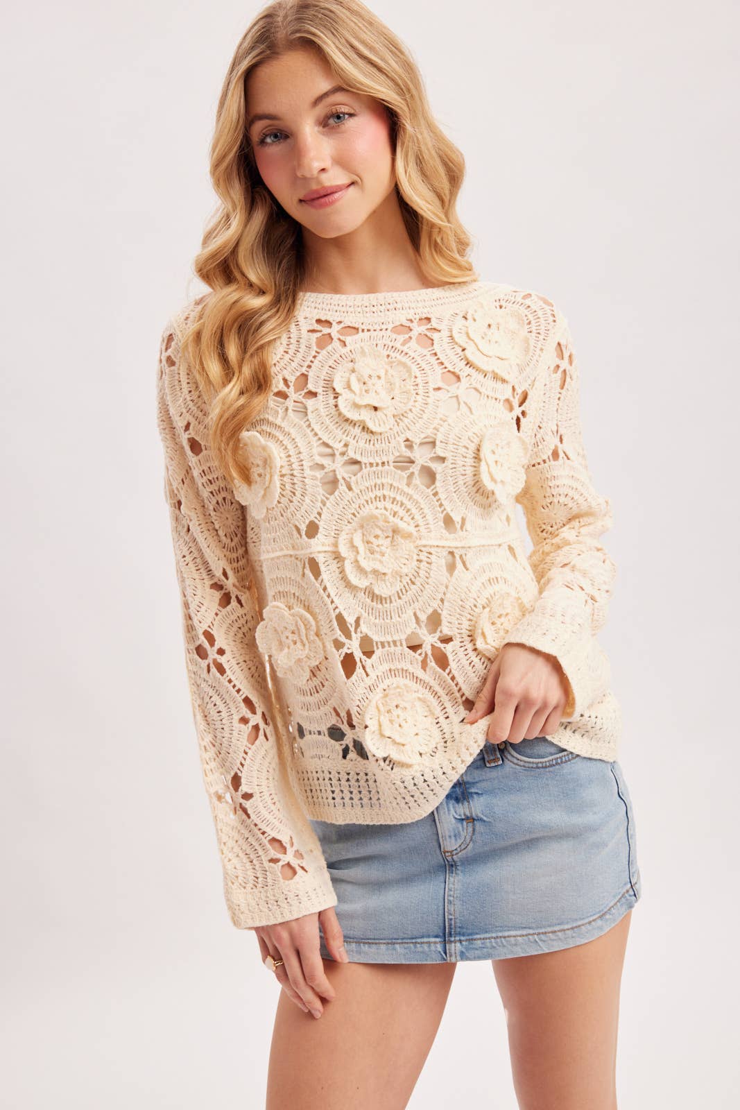 Boat Neck Floral Crochet Top