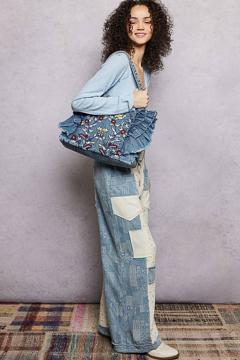 Vintage Ruffle Denim Tote Bag