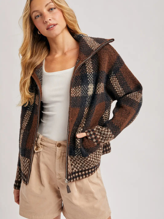 Plaid Zipper Front Knit Jacket